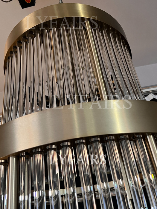 Modern Multi-layered Glass&Metal Rods Chandelier for High-ceiling