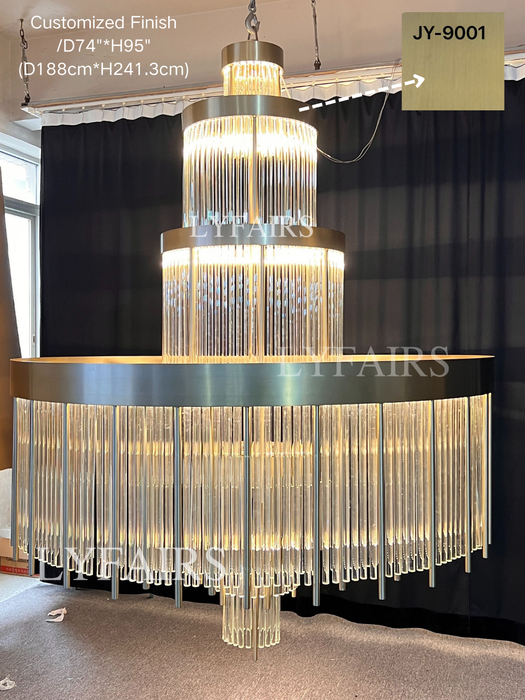 Modern Multi-layered Glass&Metal Rods Chandelier for High-ceiling