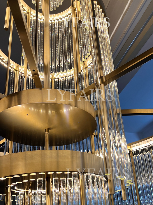 Modern Multi-layered Glass&Metal Rods Chandelier for High-ceiling