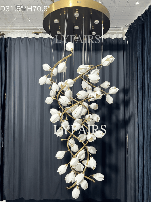 Spiral Pure White Magnolia Chandelier with Golden Branches for Staircase/High-ceiling Space/Foyer/ Duplex
