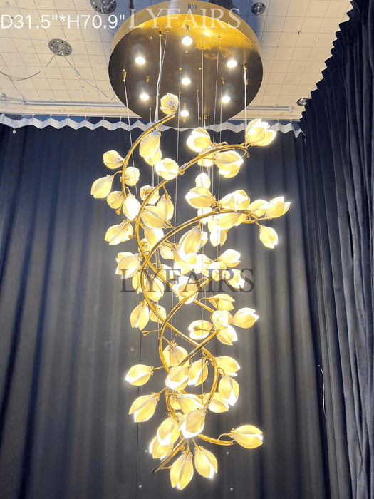 Spiral Pure White Magnolia Chandelier with Golden Branches for Staircase/High-ceiling Space/Foyer/ Duplex