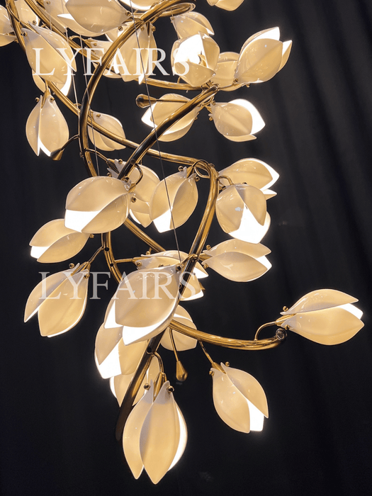 Spiral Pure White Magnolia Chandelier with Golden Branches for Staircase/High-ceiling Space/Foyer/ Duplex