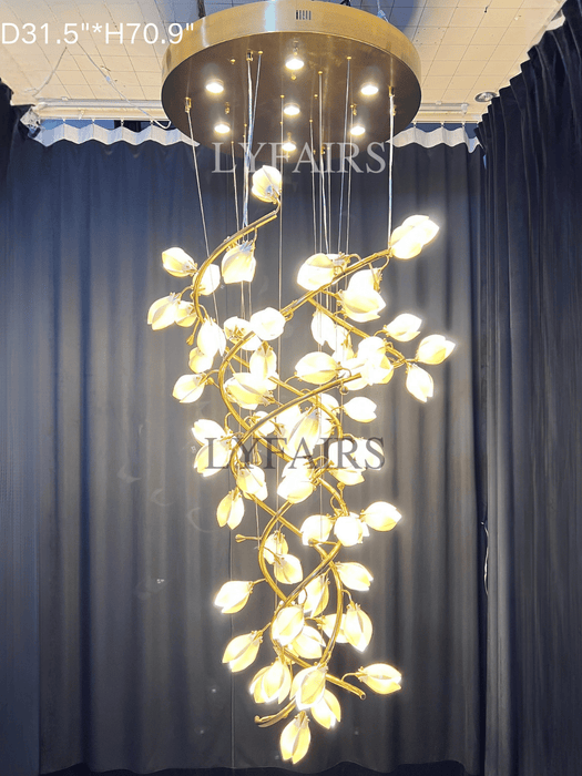Spiral Pure White Magnolia Chandelier with Golden Branches for Staircase/High-ceiling Space/Foyer/ Duplex
