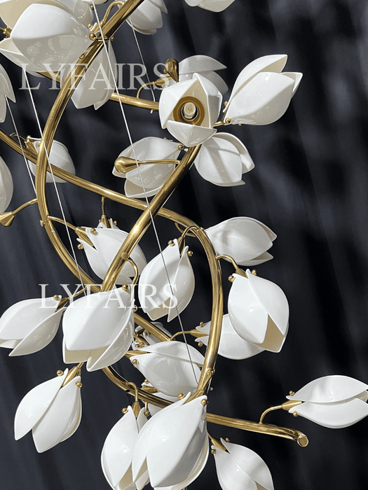 Spiral Pure White Magnolia Chandelier with Golden Branches for Staircase/High-ceiling Space/Foyer/ Duplex