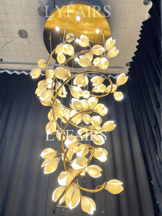 Spiral Pure White Magnolia Chandelier with Golden Branches for Staircase/High-ceiling Space/Foyer/ Duplex
