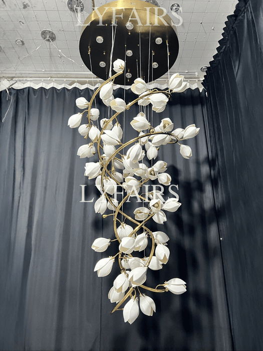 Spiral Pure White Magnolia Chandelier with Golden Branches for Staircase/High-ceiling Space/Foyer/ Duplex