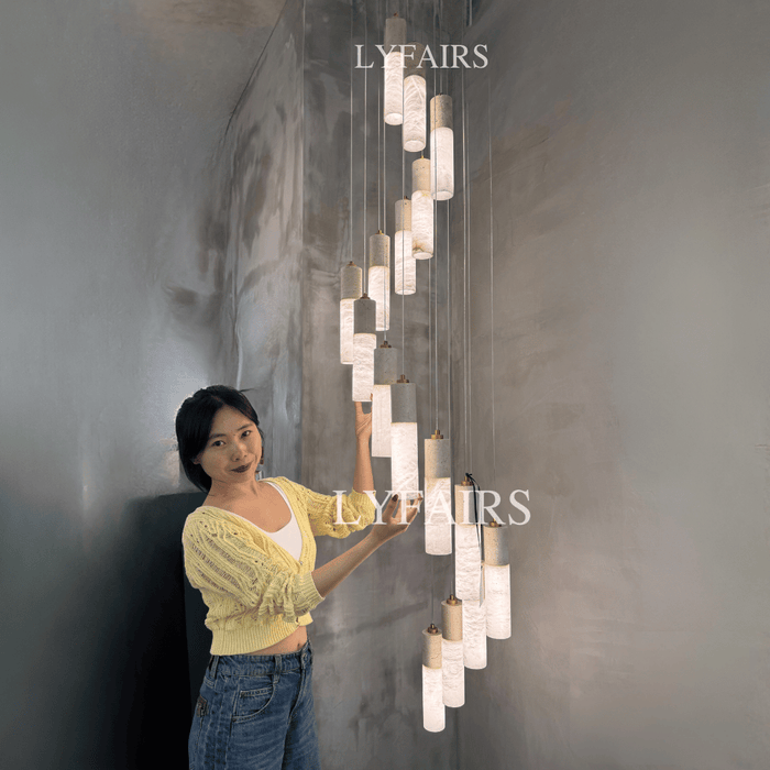 Wabi-Sabi Travertine & Alabaster Tube Chandelier