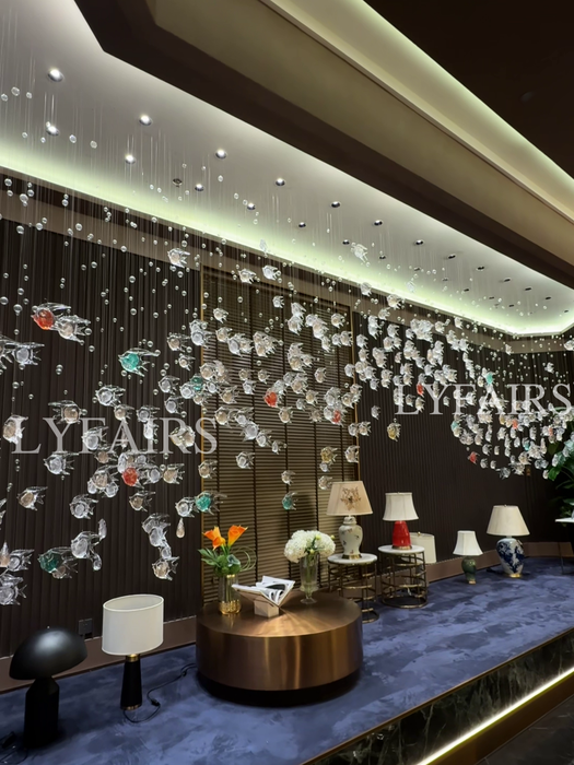 Artistic Flowing Fish Glazed Glass Chandelier for Hotel Lobby