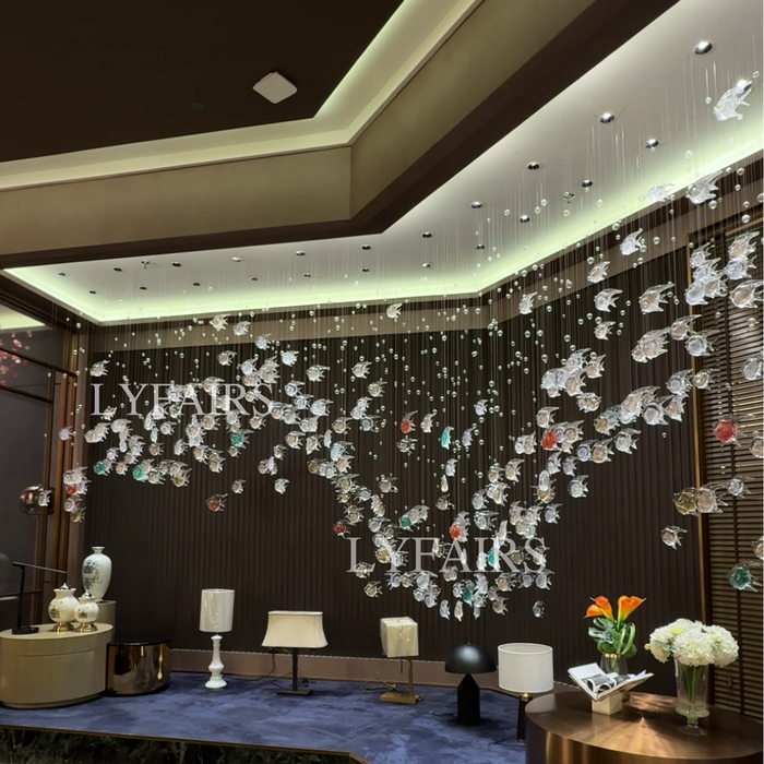Artistic Flowing Fish Glazed Glass Chandelier for Hotel Lobby