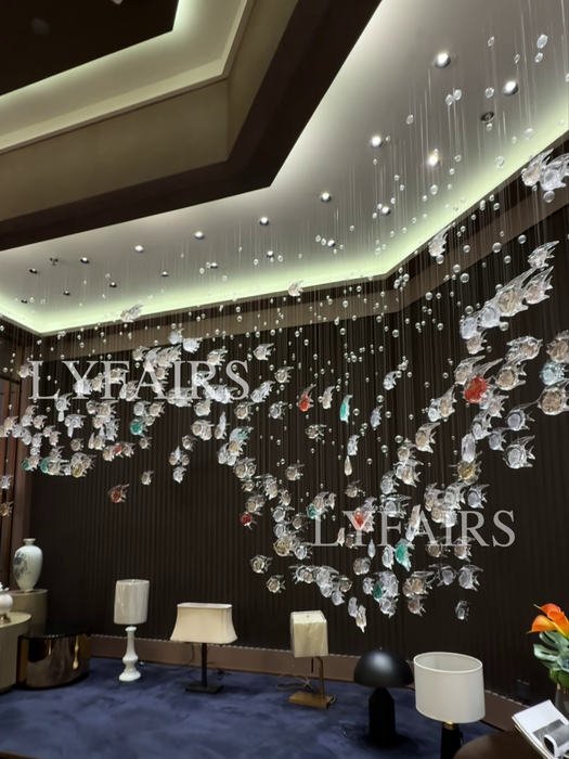 Artistic Flowing Fish Glazed Glass Chandelier for Hotel Lobby