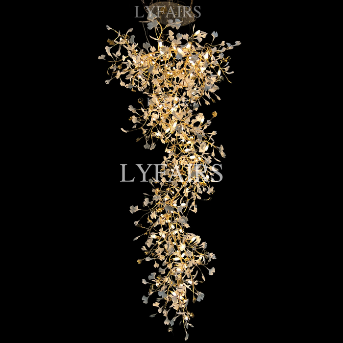 Lampadario a forma di ramo di albero in ceramica con foglie di ginkgo, lampadario a sospensione per soffitto alto, soggiorno, sala dell'hotel