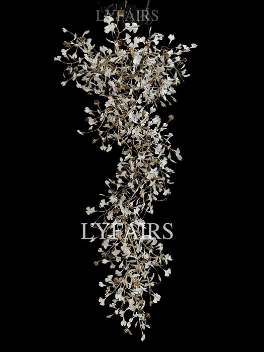 Lampadario a forma di ramo di albero in ceramica con foglie di ginkgo, lampadario a sospensione per soffitto alto, soggiorno, sala dell'hotel