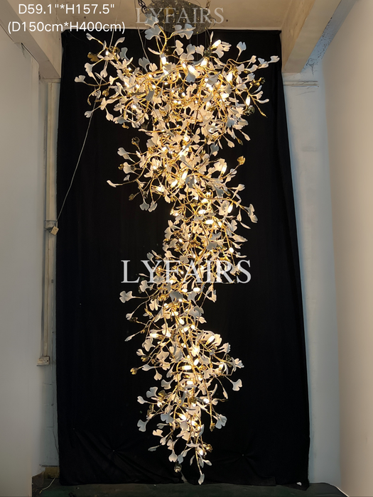 Lampadario a forma di ramo di albero in ceramica con foglie di ginkgo, lampadario a sospensione per soffitto alto, soggiorno, sala dell'hotel