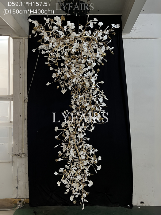 Lampadario a forma di ramo di albero in ceramica con foglie di ginkgo, lampadario a sospensione per soffitto alto, soggiorno, sala dell'hotel