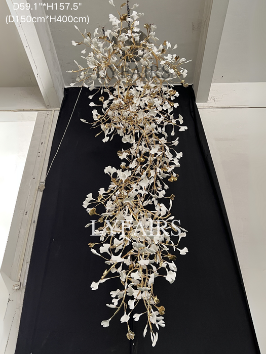 Lampadario a forma di ramo di albero in ceramica con foglie di ginkgo, lampadario a sospensione per soffitto alto, soggiorno, sala dell'hotel