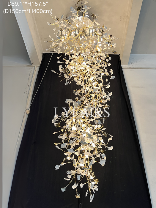 Lampadario a forma di ramo di albero in ceramica con foglie di ginkgo, lampadario a sospensione per soffitto alto, soggiorno, sala dell'hotel