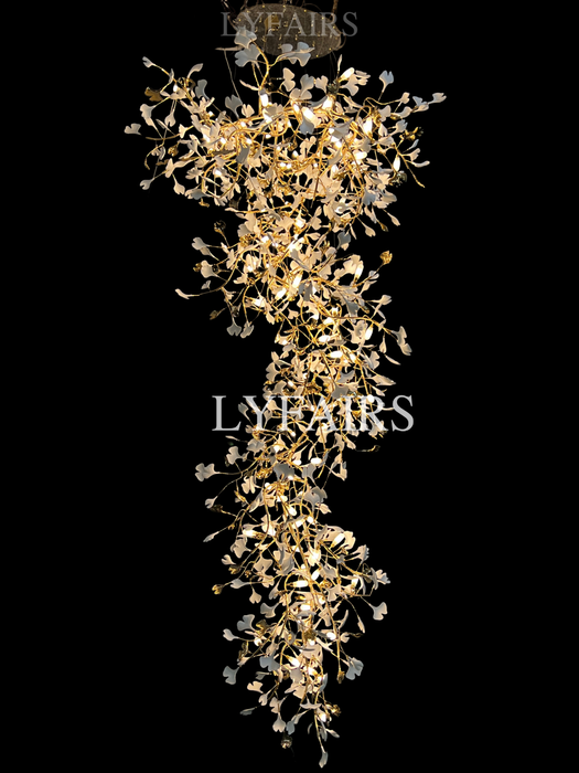 Lampadario a forma di ramo di albero in ceramica con foglie di ginkgo, lampadario a sospensione per soffitto alto, soggiorno, sala dell'hotel