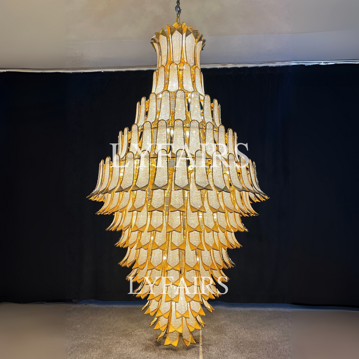 Lampadario in vetro a sospensione in oro a più livelli di lusso extra large per scale/grande stanza dal soffitto alto