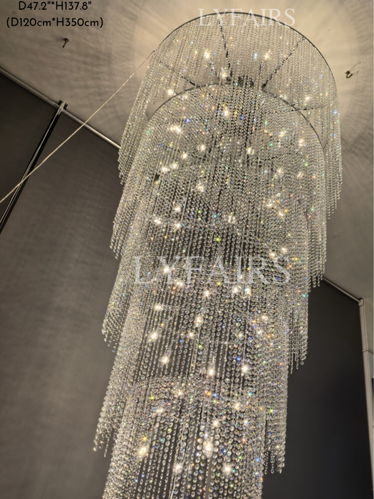 Lámpara de araña de cristal de lujo extra larga para escalera/luminaria larga de múltiples capas de 2 pisos