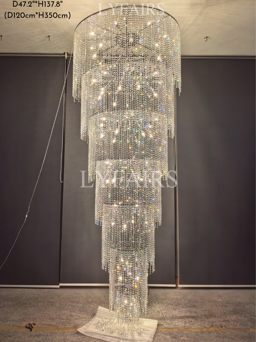 Lámpara de araña de cristal de lujo extra larga para escalera/luminaria larga de múltiples capas de 2 pisos