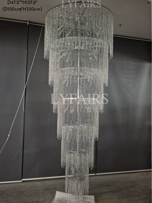 Lámpara de araña de cristal de lujo extra larga para escalera/luminaria larga de múltiples capas de 2 pisos