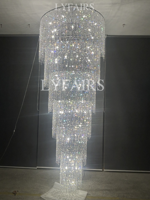 Lámpara de araña de cristal de lujo extra larga para escalera/luminaria larga de múltiples capas de 2 pisos