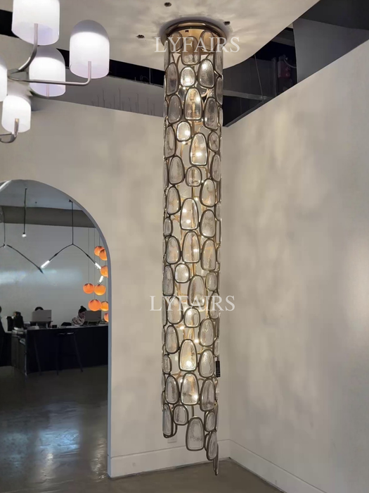 Flush Mounted Columnar Irregular Pebble Glass Panel Chandelier
