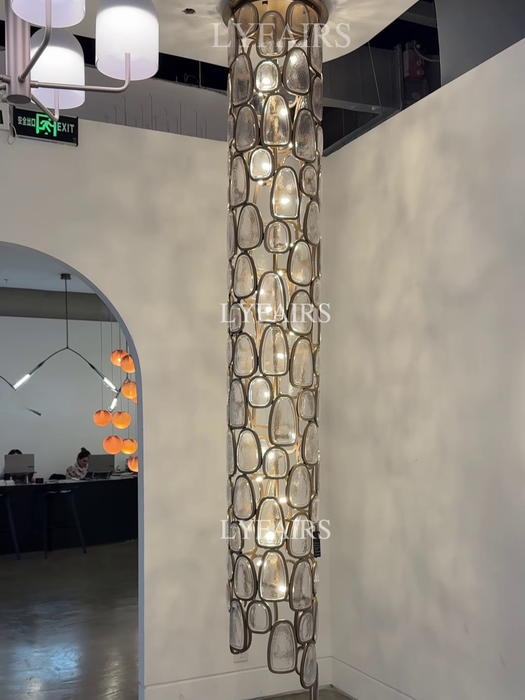 Flush Mounted Columnar Irregular Pebble Glass Panel Chandelier