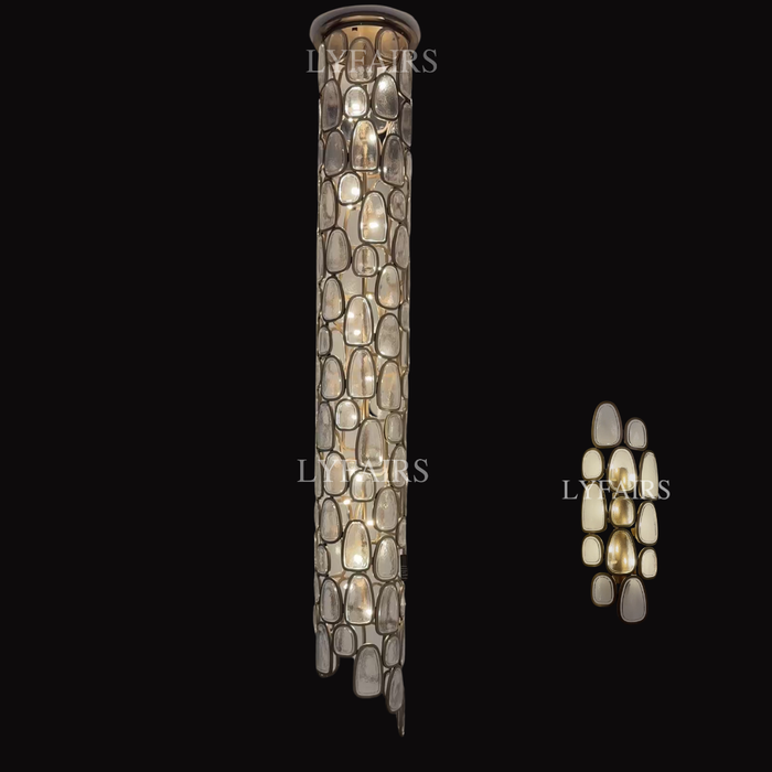 Flush Mounted Columnar Irregular Pebble Glass Panel Chandelier