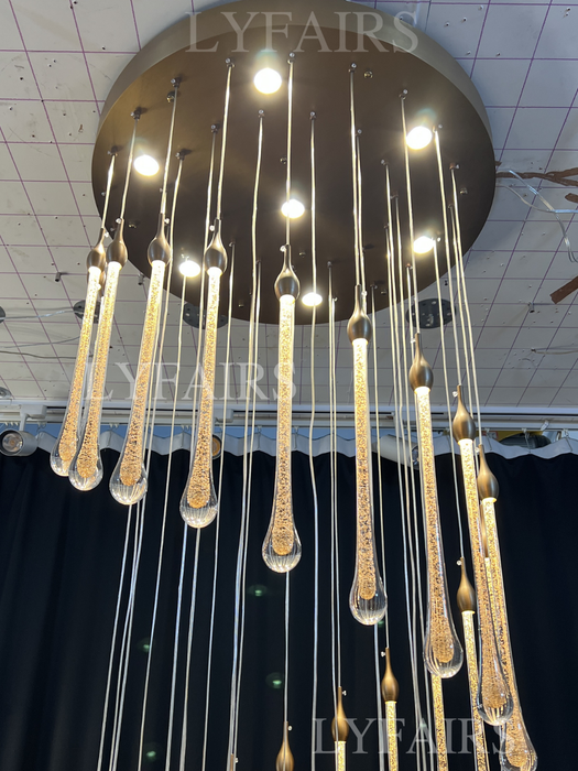 Foyer Glass Drops Lampadario a sospensione Scala a chiocciola Lampada da soffitto alta con finitura dorata
