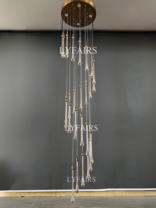 Foyer Glass Drops Lampadario a sospensione Scala a chiocciola Lampada da soffitto alta con finitura dorata