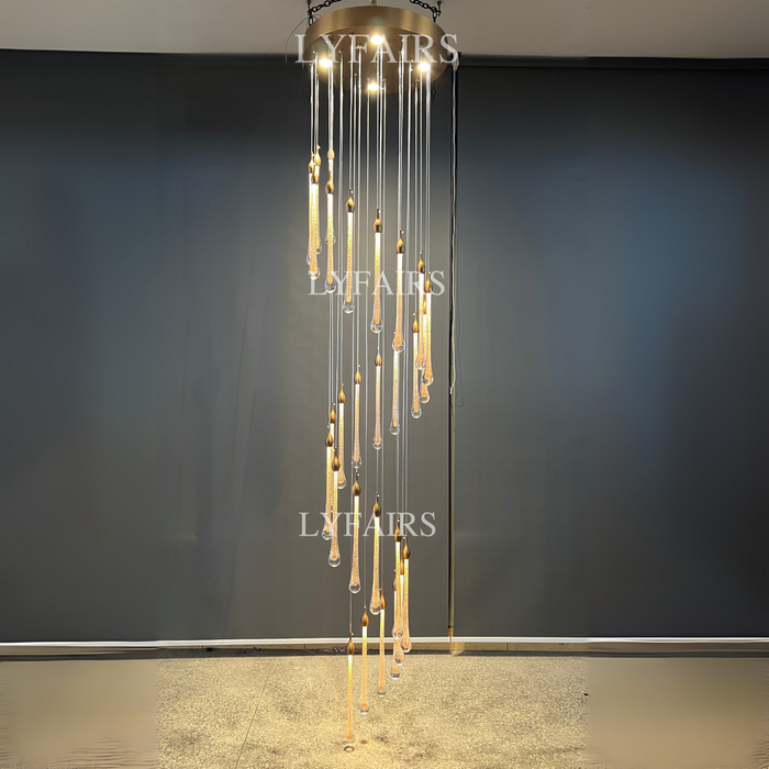 Foyer Glass Drops Lampadario a sospensione Scala a chiocciola Lampada da soffitto alta con finitura dorata