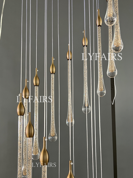 Foyer Glass Drops Lampadario a sospensione Scala a chiocciola Lampada da soffitto alta con finitura dorata