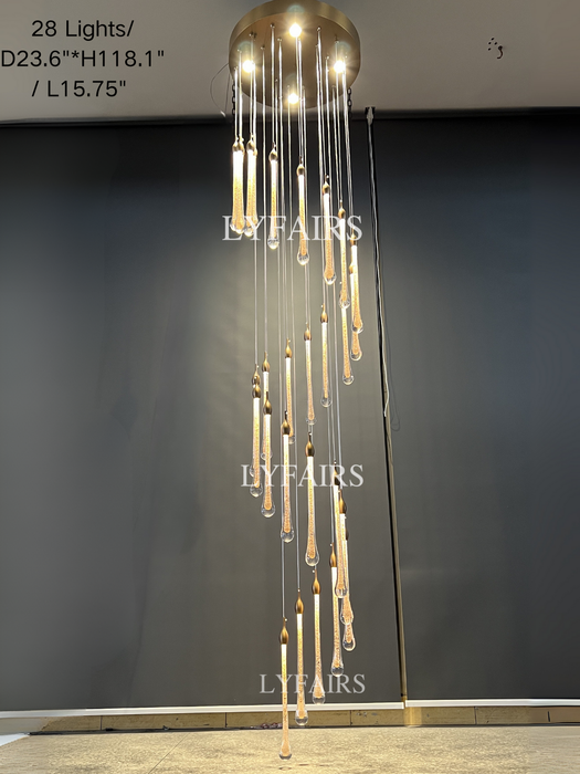 Foyer Glass Drops Lampadario a sospensione Scala a chiocciola Lampada da soffitto alta con finitura dorata