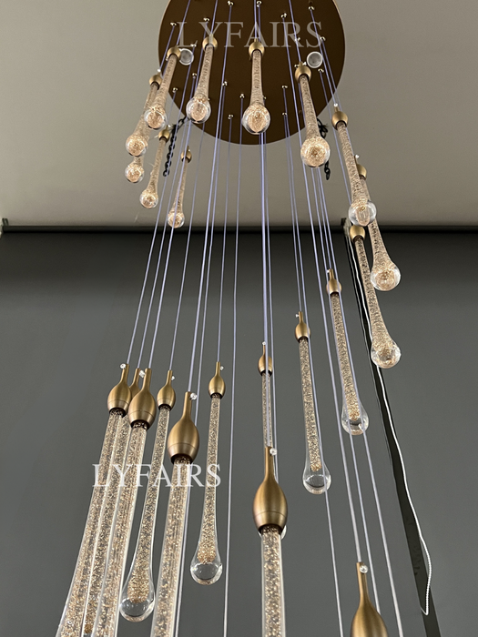 Foyer Glass Drops Lampadario a sospensione Scala a chiocciola Lampada da soffitto alta con finitura dorata
