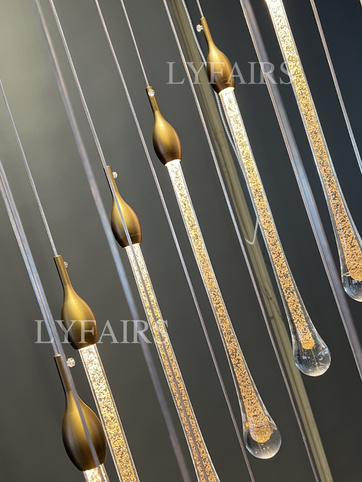 Foyer Glass Drops Lampadario a sospensione Scala a chiocciola Lampada da soffitto alta con finitura dorata