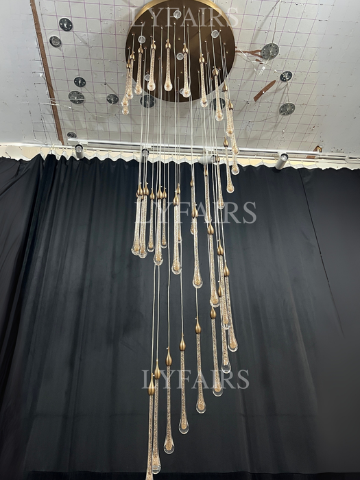 Foyer Glass Drops Lampadario a sospensione Scala a chiocciola Lampada da soffitto alta con finitura dorata