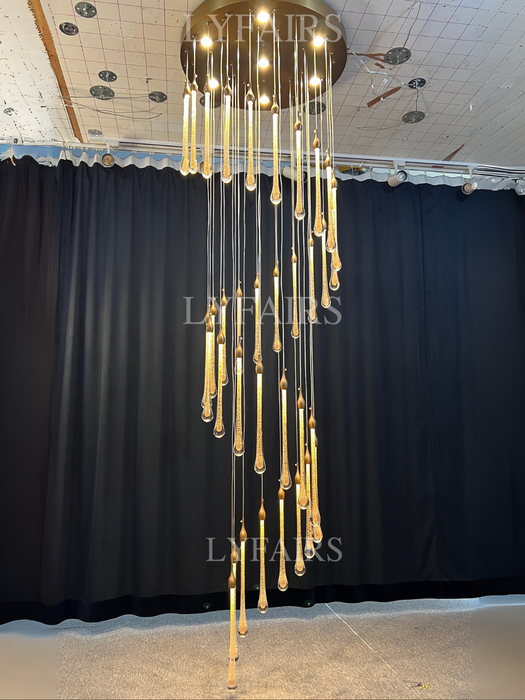 Foyer Glass Drops Lampadario a sospensione Scala a chiocciola Lampada da soffitto alta con finitura dorata