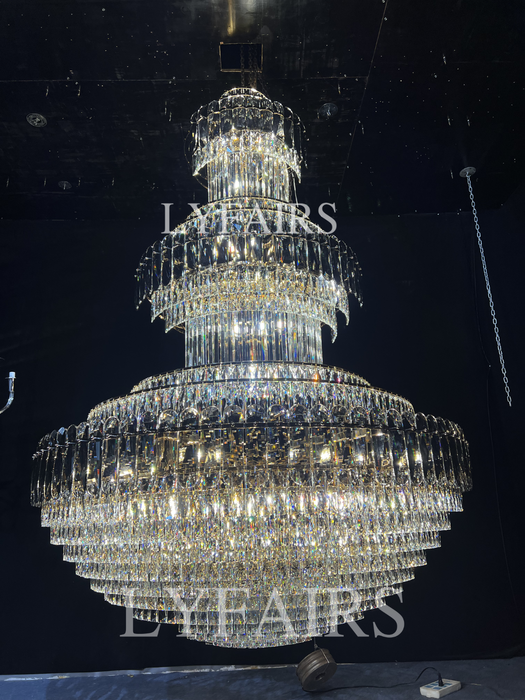 Golden Era Grand Cascade Fountain Smoky Gray&Clear Crystal Chandelier for High-ceiling
