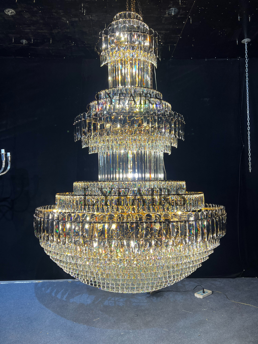 Golden Era Grand Cascade Fountain Smoky Gray&Clear Crystal Chandelier for High-ceiling