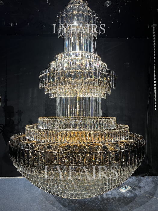 Golden Era Grand Cascade Fountain Smoky Gray&Clear Crystal Chandelier for High-ceiling