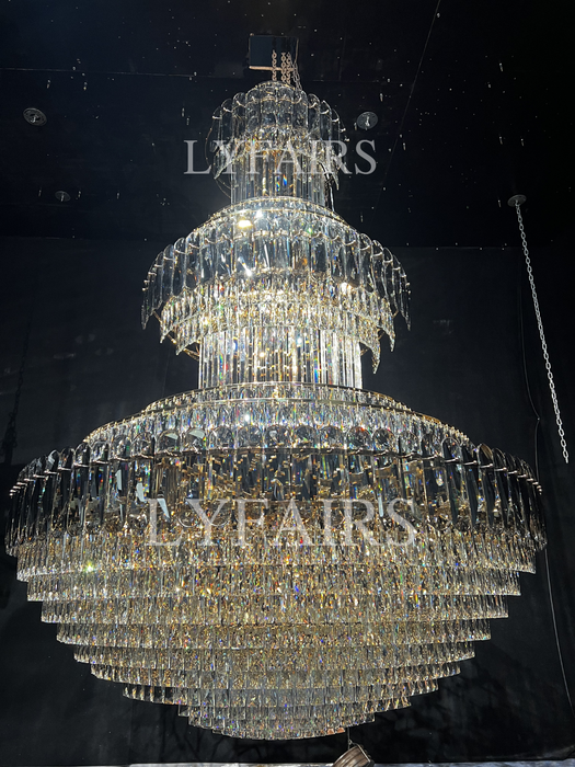 Golden Era Grand Cascade Fountain Smoky Gray&Clear Crystal Chandelier for High-ceiling