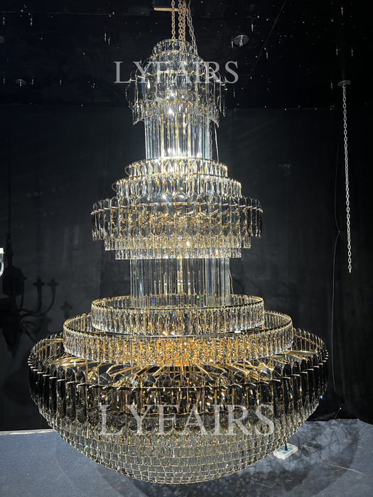 Golden Era Grand Cascade Fountain Smoky Gray&Clear Crystal Chandelier for High-ceiling