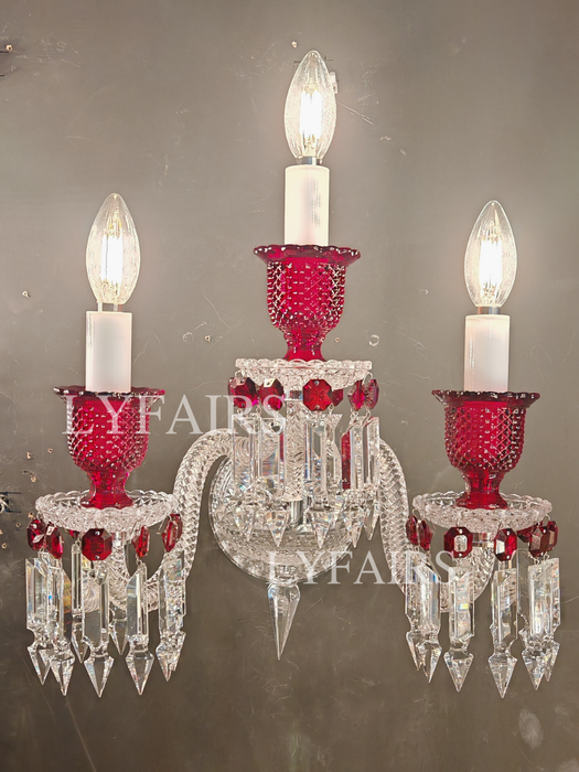 Luxury 3-Arm Candle Light Red Crystal Wall Light