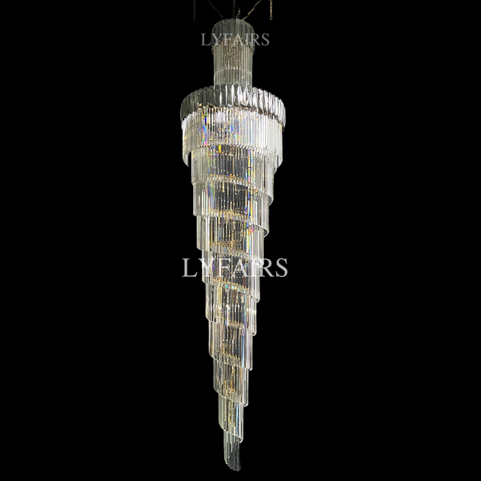 Lámpara de araña de escalera en espiral para vestíbulo Extra grande de lujo, accesorio de iluminación de techo largo de cristal para sala de estar y entrada