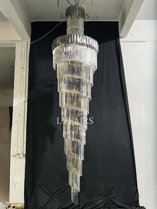 Lámpara de araña de escalera en espiral para vestíbulo Extra grande de lujo, accesorio de iluminación de techo largo de cristal para sala de estar y entrada
