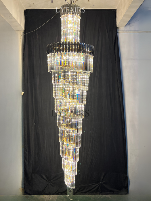 Lámpara de araña de escalera en espiral para vestíbulo Extra grande de lujo, accesorio de iluminación de techo largo de cristal para sala de estar y entrada