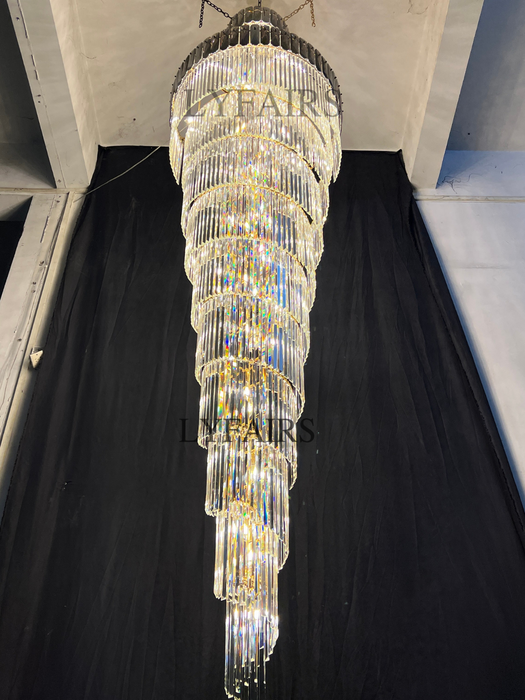 Lámpara de araña de escalera en espiral para vestíbulo Extra grande de lujo, accesorio de iluminación de techo largo de cristal para sala de estar y entrada