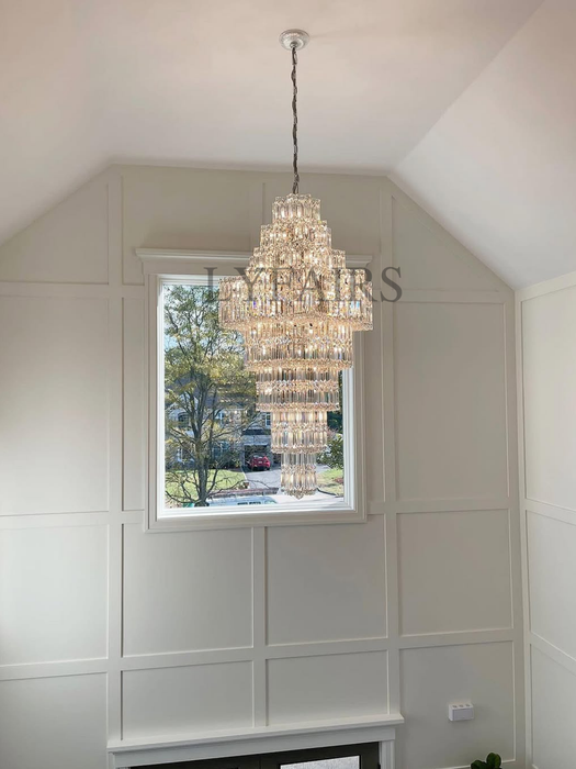 Lampadario di cristallo a più livelli extra large Plaza Hall Foyer Soggiorno Scala Apparecchio di illuminazione a soffitto con finitura cromata / argento