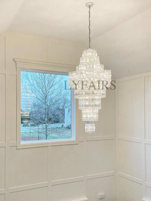 Lampadario di cristallo a più livelli extra large Plaza Hall Foyer Soggiorno Scala Apparecchio di illuminazione a soffitto con finitura cromata / argento